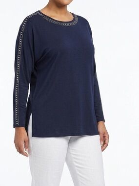 NEIMAN MARCUS Navy Blue Lightweight Sweater Tunic Top Slit Sleeves Studded Trim